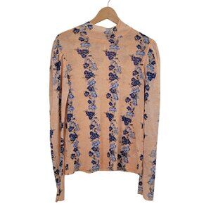 FREE PEOPLE Amber High Neck Floral Print Sheer Long Sleeve Top Peach & Blue LG